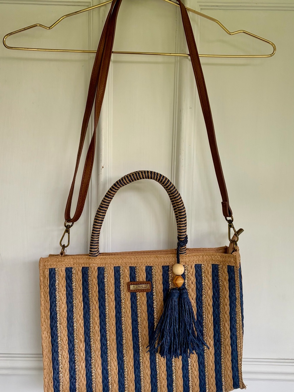 Striped Tan and Navy Straw Tote with Tassel